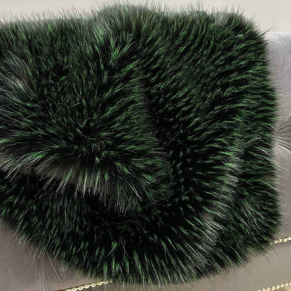 Мех искусственный Енот Премиум, отрез (Зеленый перья, 50х180)