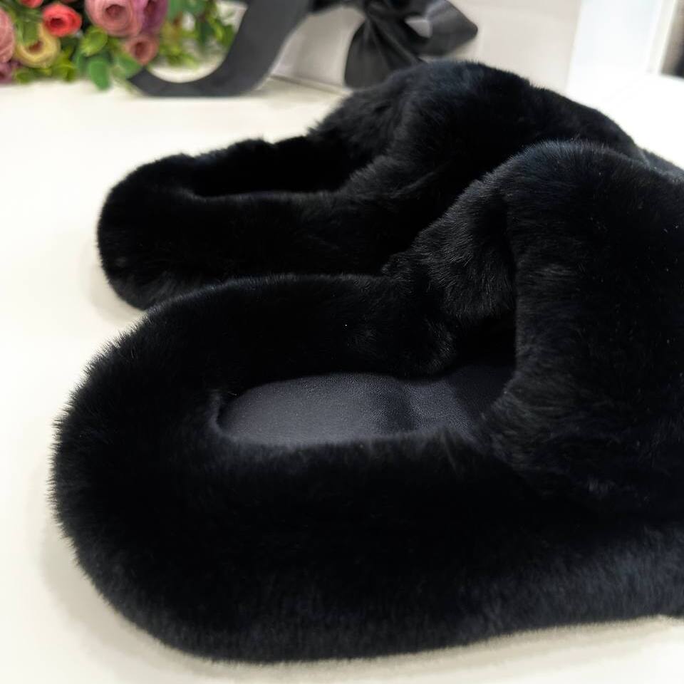 Тапочки-шлепанцы из натурального меха кролик рекс (Черные, 43)
