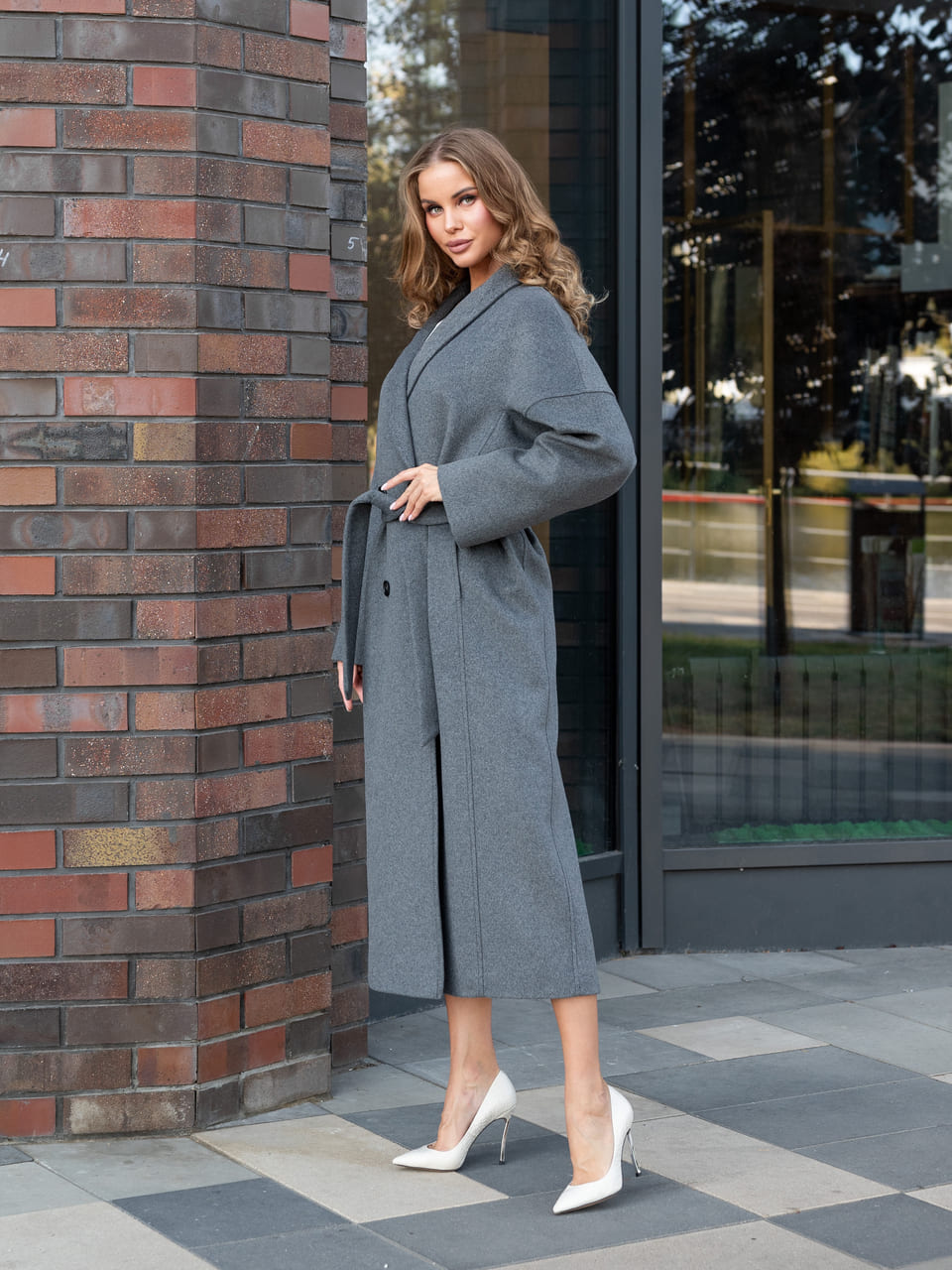 Пальто с шалевым воротником (Серый, 44р.)