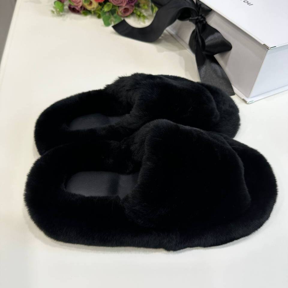 Тапочки-шлепанцы из натурального меха кролик рекс (Черные, 43)
