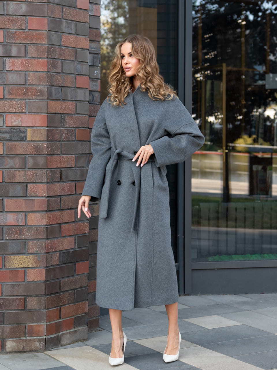 Пальто с шалевым воротником (Серый, 44р.)
