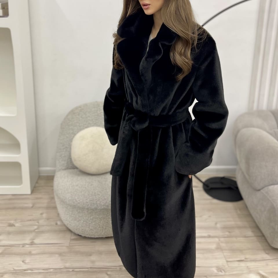 Искусственная шуба с английским воротником (Черная, 48р, длина 120см.)