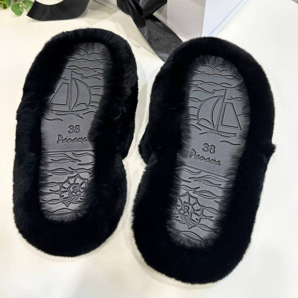 Тапочки-шлепанцы из натурального меха кролик рекс (Черные, 43)